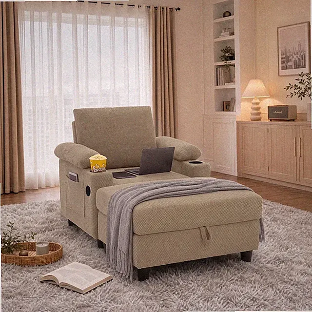 Versatile Accent Chair Chaise Lounge Sleeper Bed w/Ottoman Cupholders USB Port