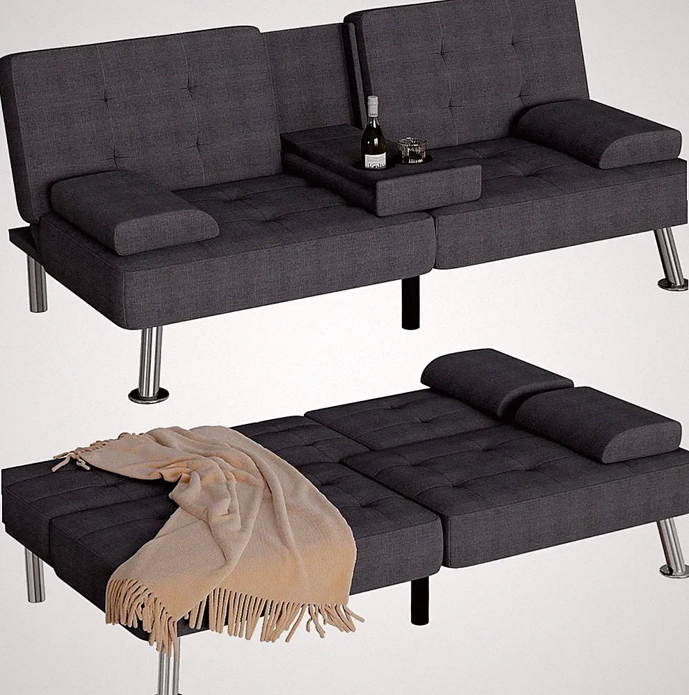Versatile Black Futon Sofa Bed with Removable Armrests & Dual Cup Holders
