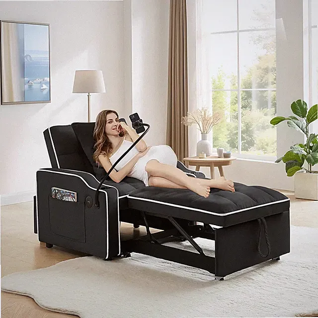 Versatile Black Velvet 3-in-1 Sleeper Sofa Chair with USB Ports & Phone Holder
