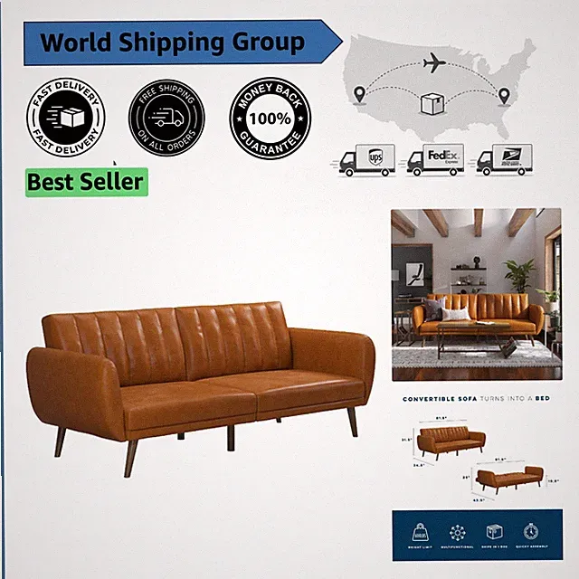 Versatile Brittany Futon Couch Sleeper: Convertible Camel Faux Leather Style
