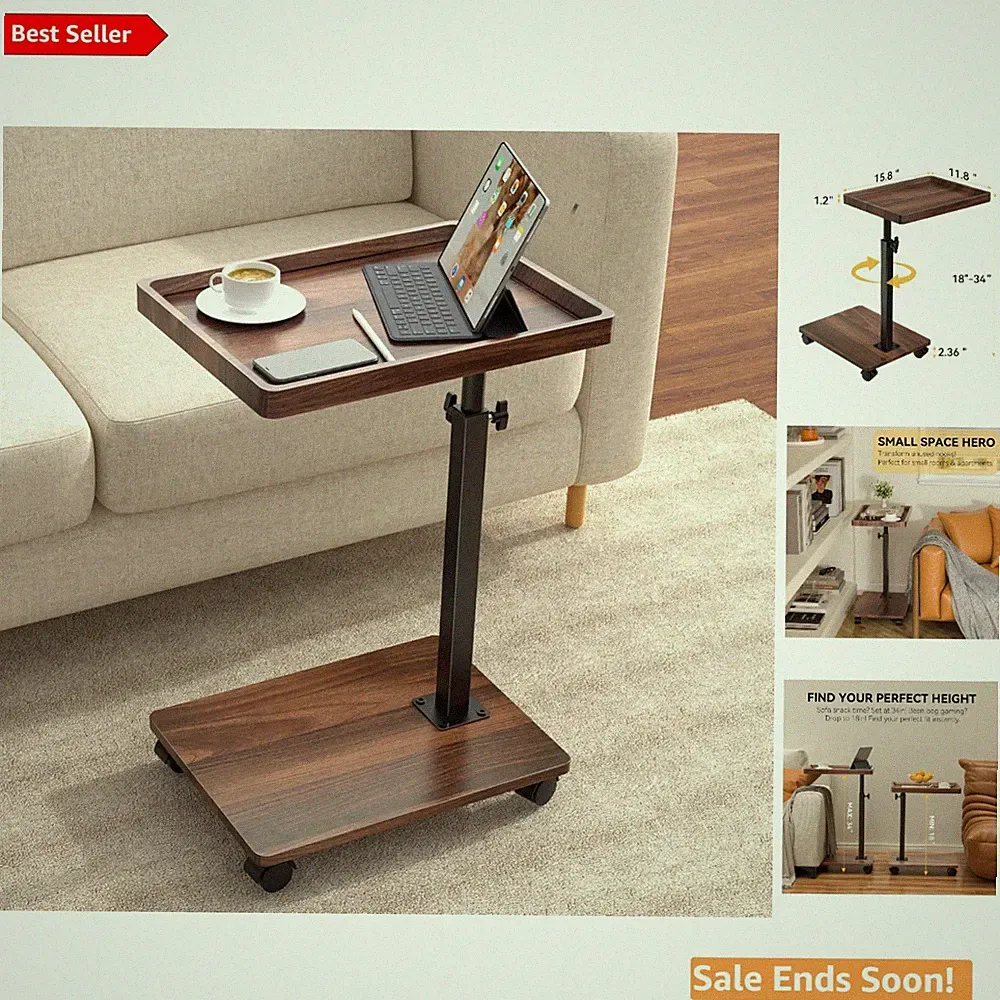 Versatile C Shaped Side Table with 360° Swivel for Sofa & Bed - Walnut Finish