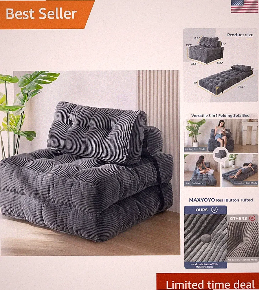 Versatile Folding Sofa Bed & Chair - Modern Dark Grey Comfort with Pillow