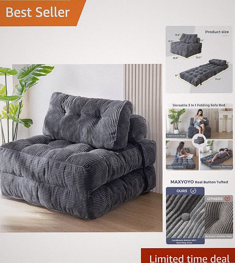 Versatile Folding Sofa Bed - Shredded Foam Comfort & Stylish Dark Grey Design