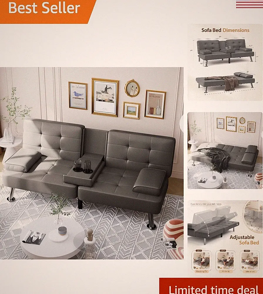 Versatile Futon Sofa Bed with 3 Reclining Positions and Faux Leather Upholstery
