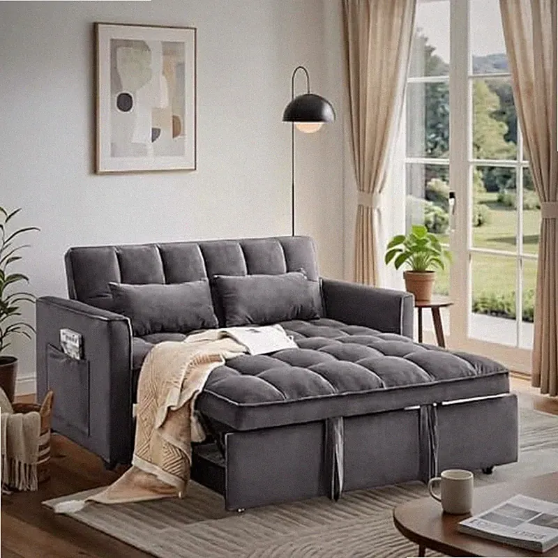 Versatile Gray Velvet Sofa Bed with Adjustable Backrest and Side Pockets
