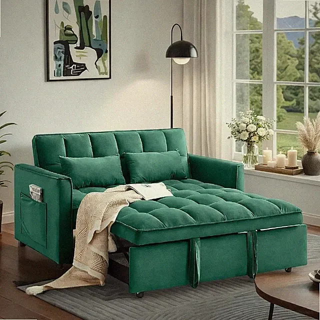 Versatile Green Velvet Sofa Bed with Adjustable Backrest & Side Pockets