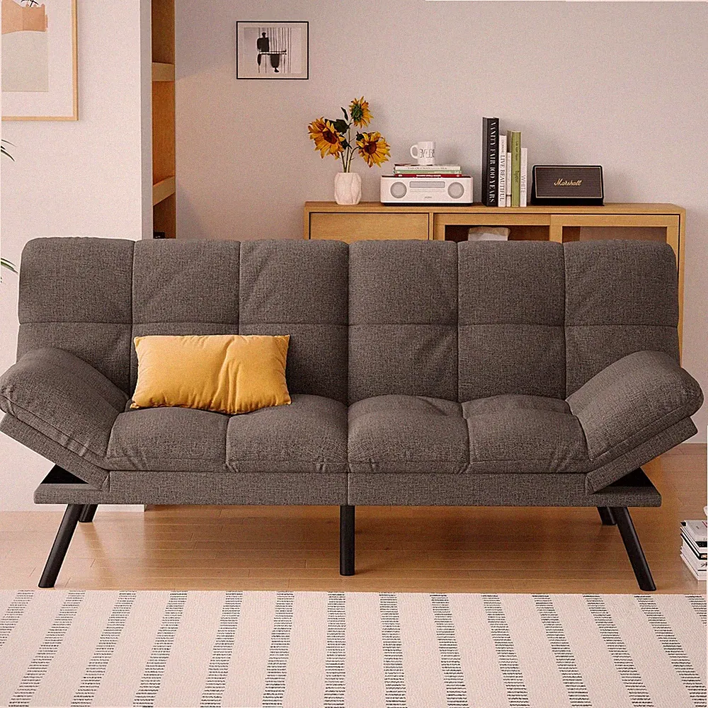 Versatile Grey Linen Futon Sofa Bed with Memory Foam & Adjustable Backrest