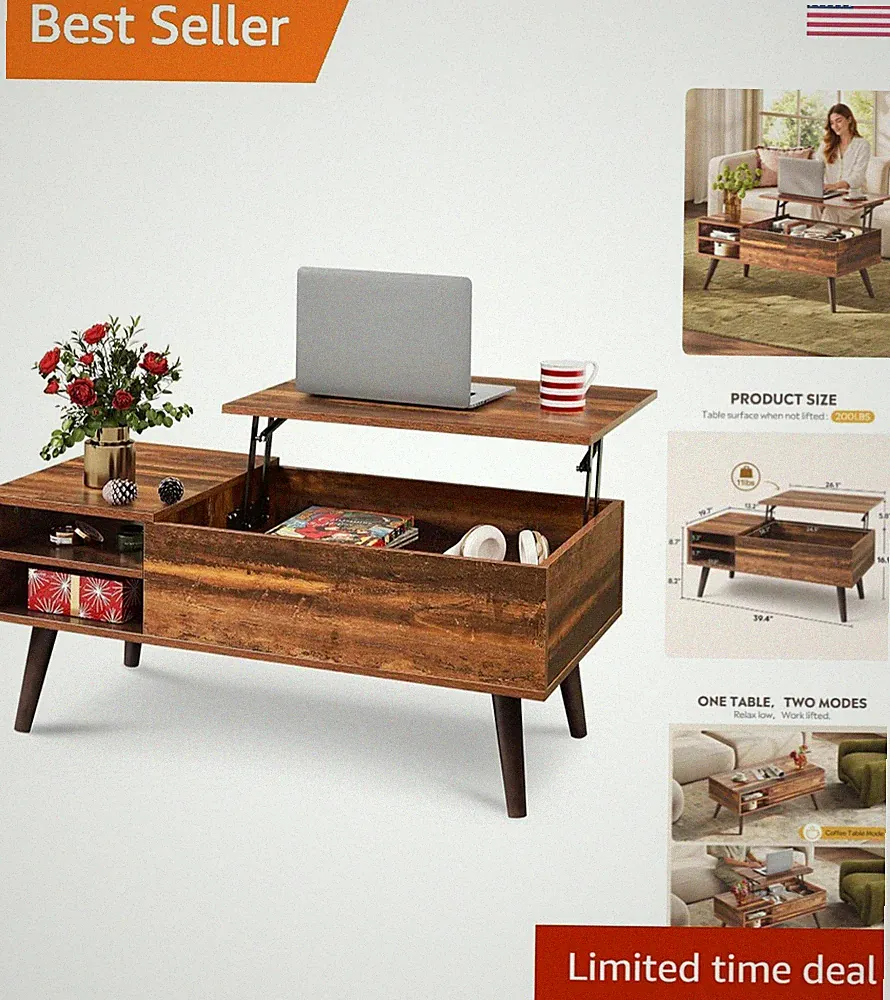 Versatile Lift Top Coffee Table in Classic Brown for Small Spaces & Relaxation