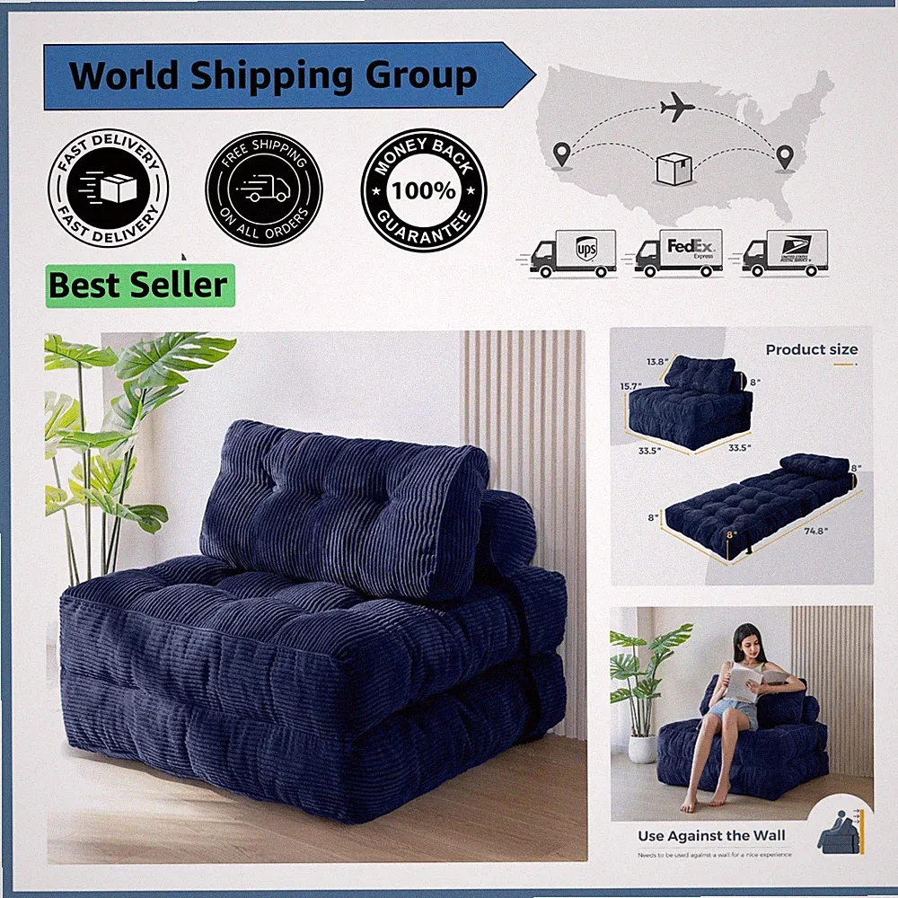 Versatile Navy Sofa Bed - Convertible Chair with Supportive Headrest & Pillow