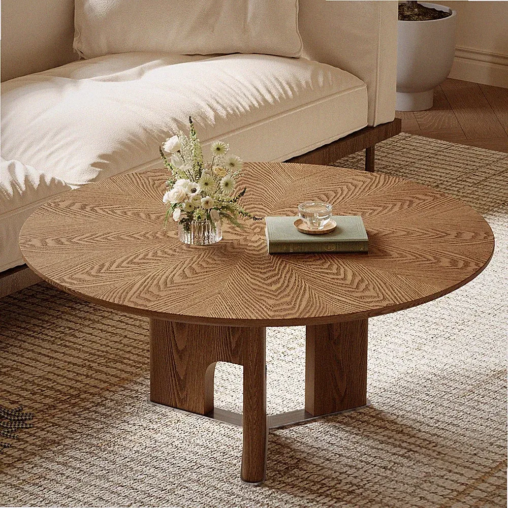 Versatile Round Coffee Table Ash Veneer With Stainless Steel Gaskets