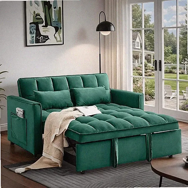 Versatile Velvet Sofa Bed with Side Pockets and Adjustable Backrest - Green