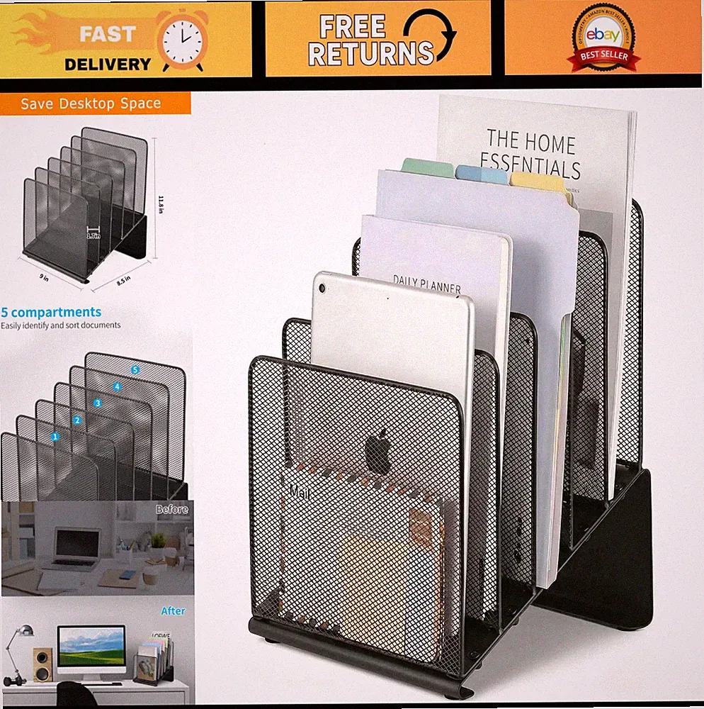 Vertical File Organizer for Desk - 5-Section Document Storage Rack for Home Offi