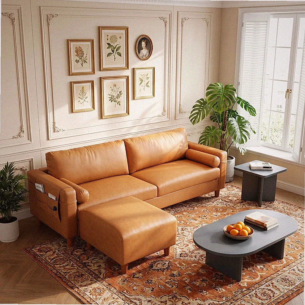 Vesgantti 100" L-Shaped Faux Leather Sectional Couch, Wide Seating, Camel | 3