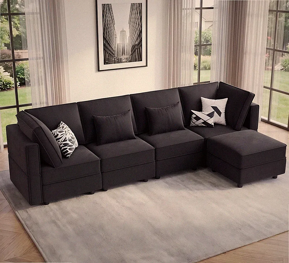 Vesgantti 118" 5 Seats L Shaped Modular Sectional Couch with Storage, Black