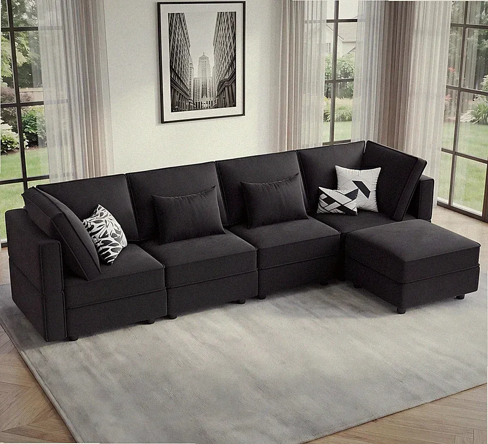 Vesgantti 118" 5 Seats L Shaped Modular Sectional Couch with Storage, Black