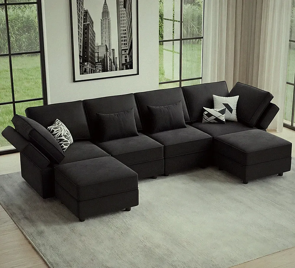 Vesgantti 118" 6 Seats U Shaped Modular Sectional Couch with Storage, Black