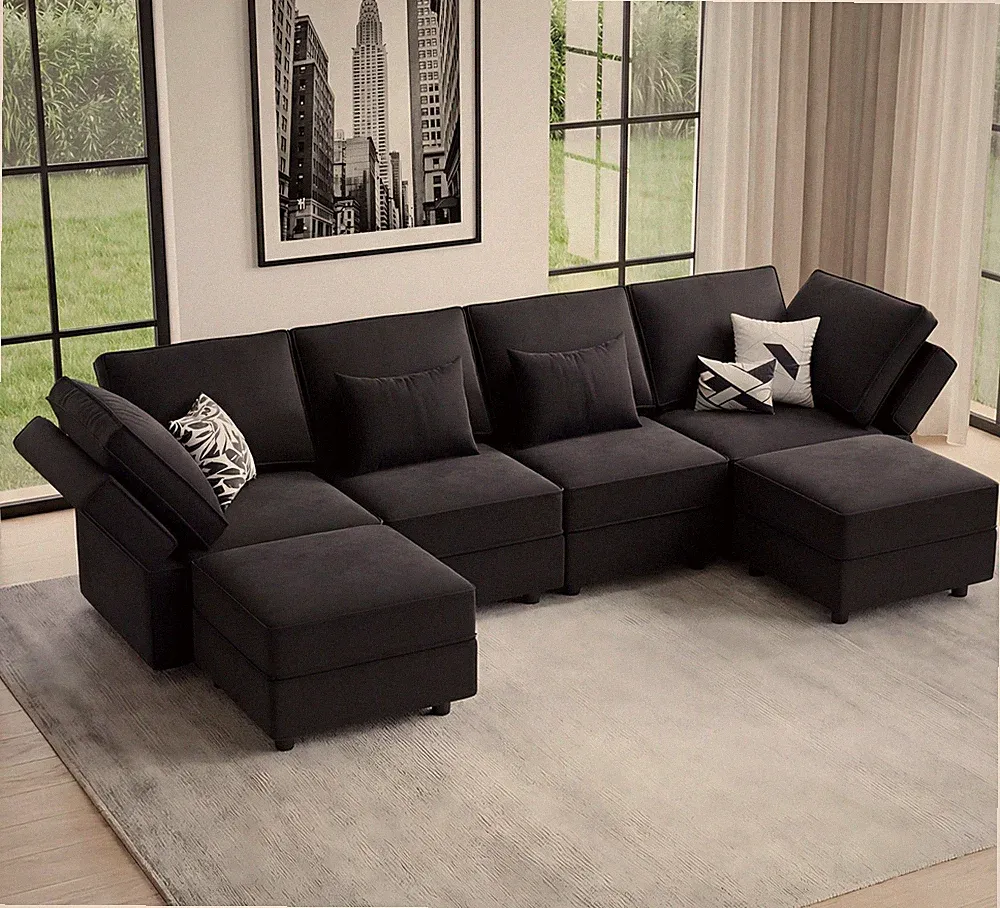 Vesgantti 118" 6 Seats U Shaped Modular Sectional Couch with Storage, Black