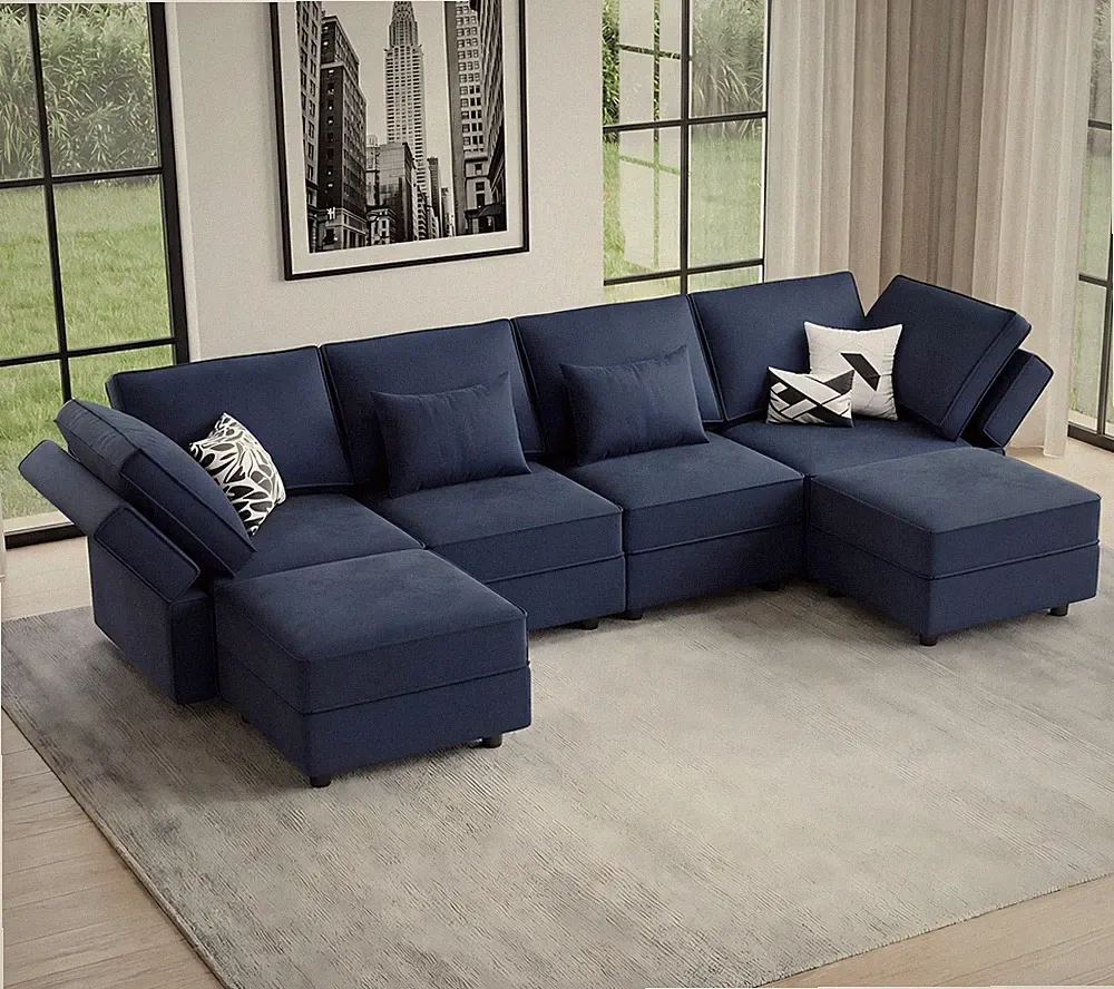 Vesgantti 118" 6 Seats U Shaped Modular Sectional Couch with Storage, Blue