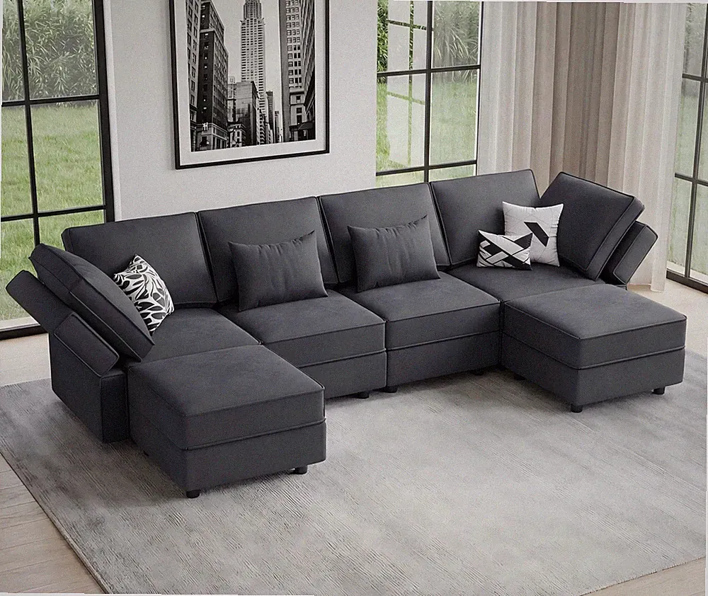 Vesgantti 118" 6 Seats U Shaped Modular Sectional Couch with Storage, Gray