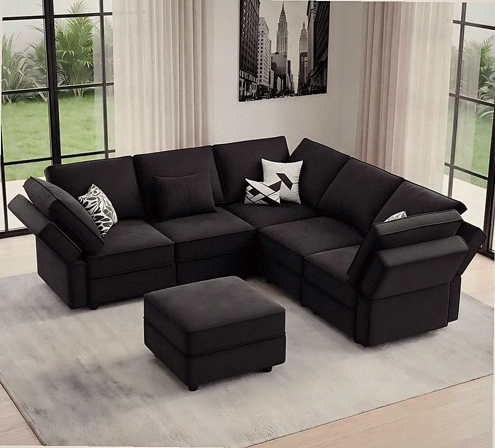 Vesgantti 92" 6 Seats L Shaped Modular Sectional Couch with Storage, Black