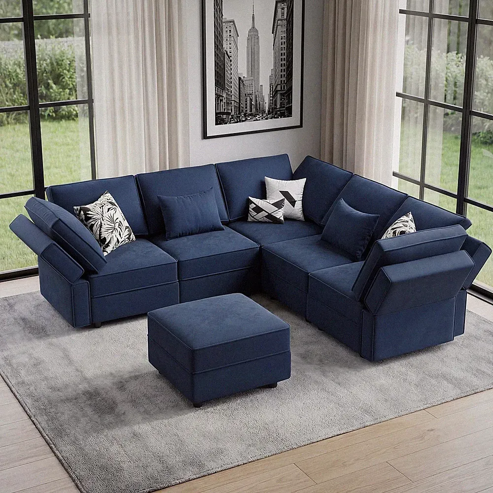 Vesgantti 92" 6 Seats L Shaped Modular Sectional Couch with Storage, Blue