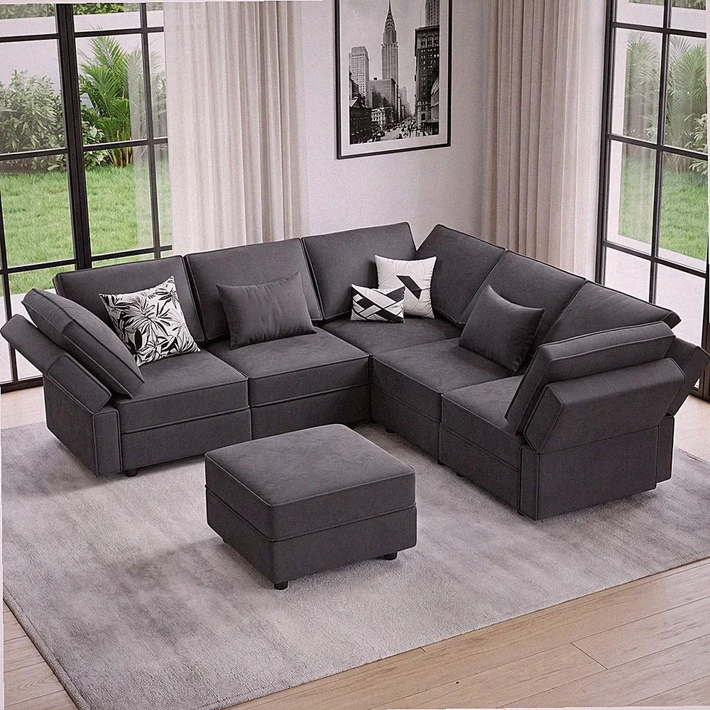 Vesgantti 92" 6 Seats L Shaped Modular Sectional Couch with Storage, Gray