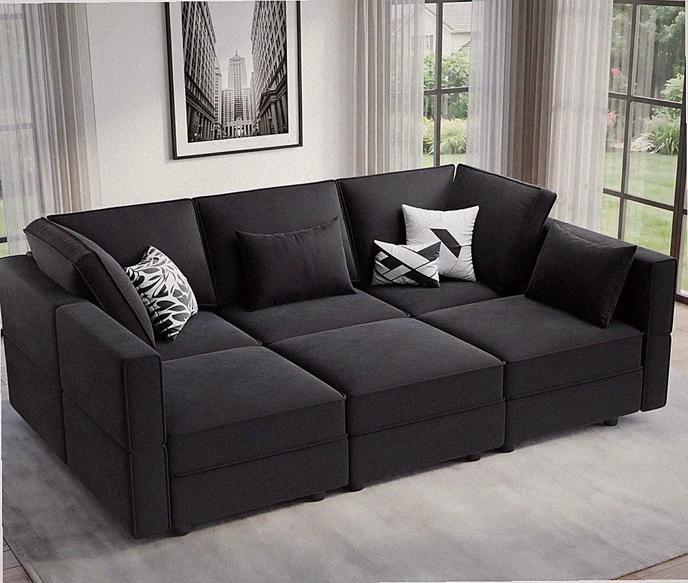 Vesgantti 92" 6 Seats Modular Sectional Sleeper Sofa with Storage, Black