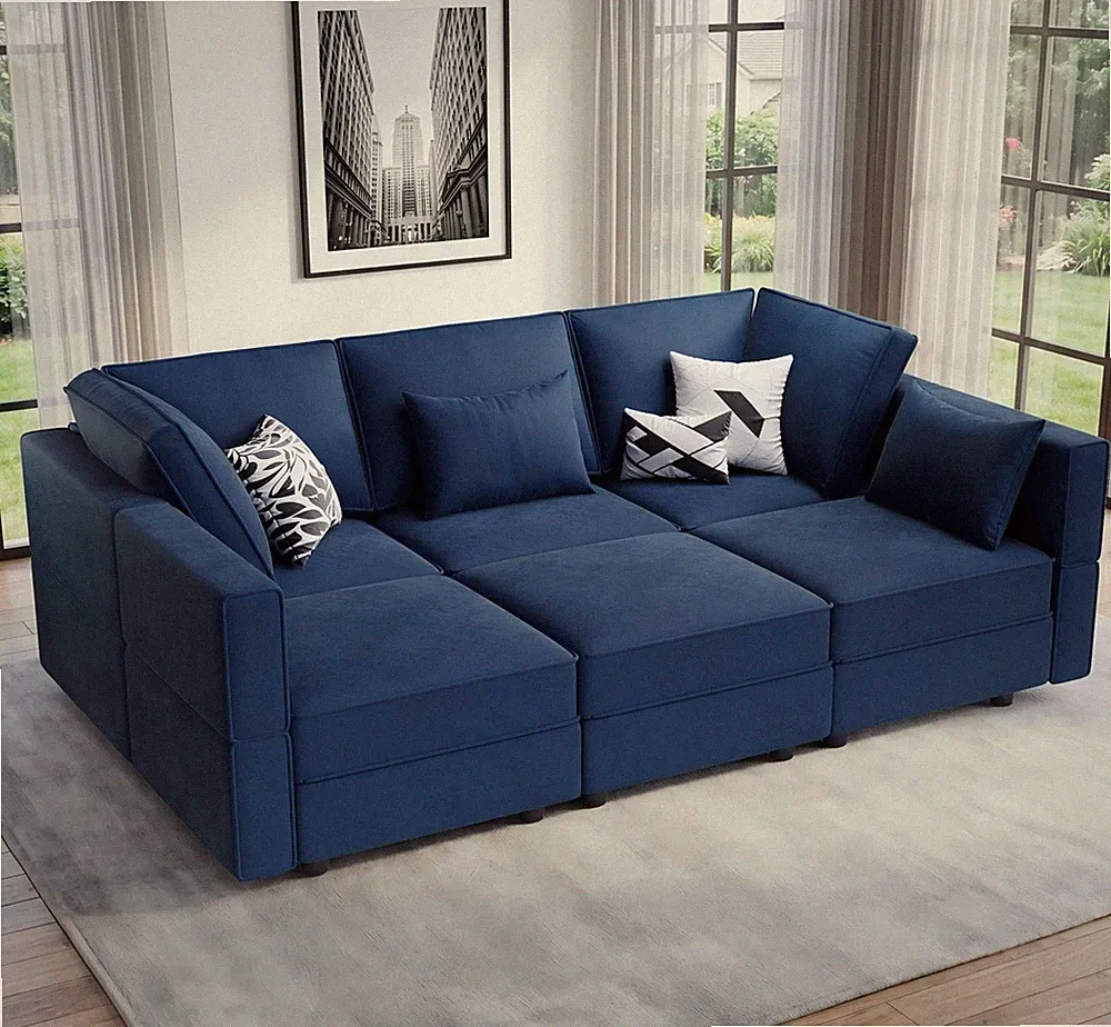 Vesgantti 92" 6 Seats Modular Sectional Sleeper Sofa with Storage, Blue