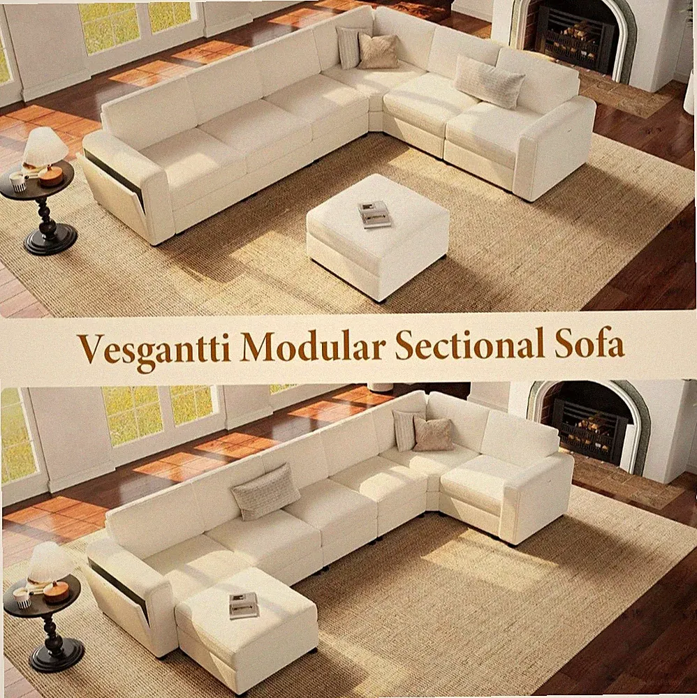 Vesgantti Modular Sectional Sofa Chenille, Beige, Storage Arms, Cup Holders USB