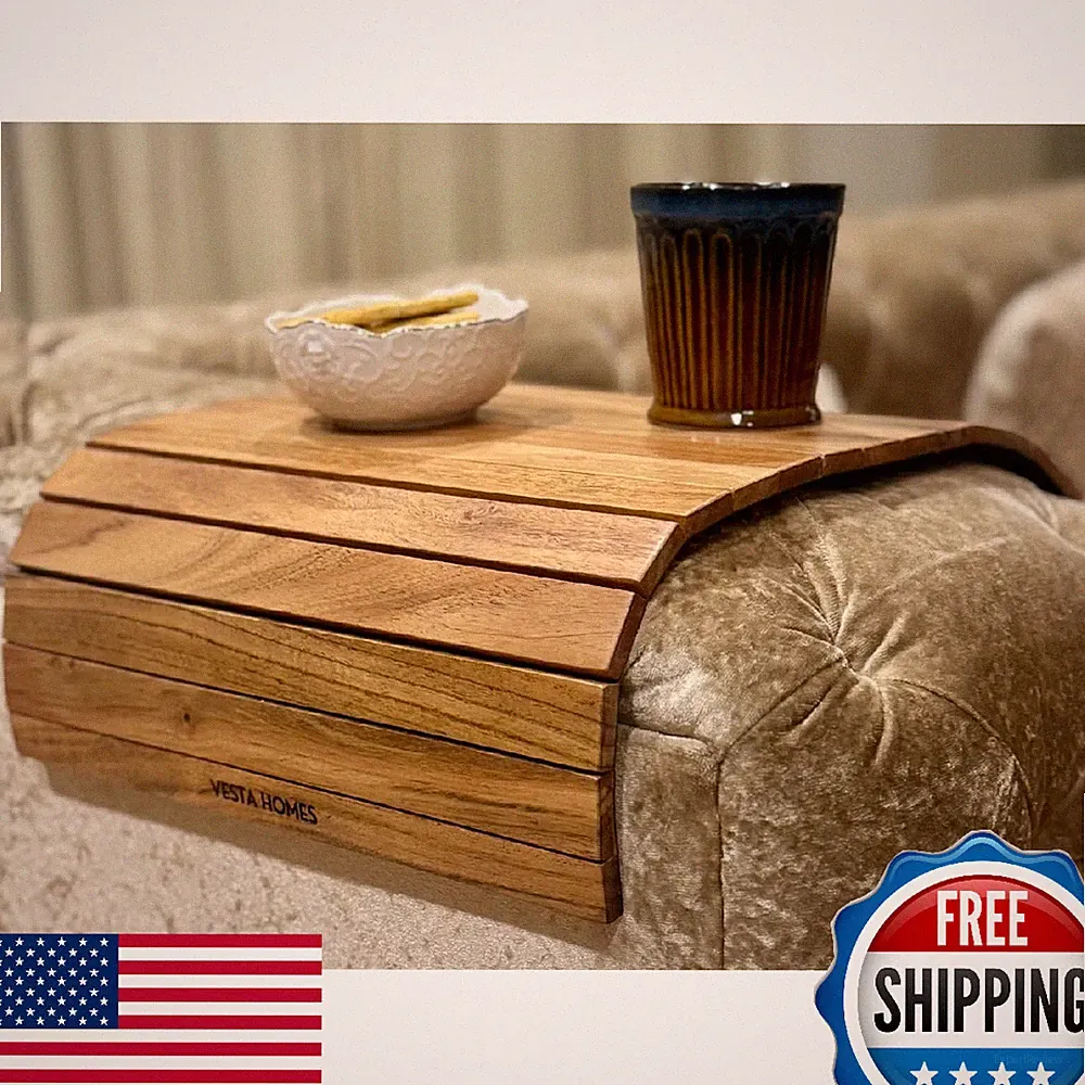 Vesta Homes Premium Acacia Wood Sofa Armrest Tray Flexible Foldable Couch Table