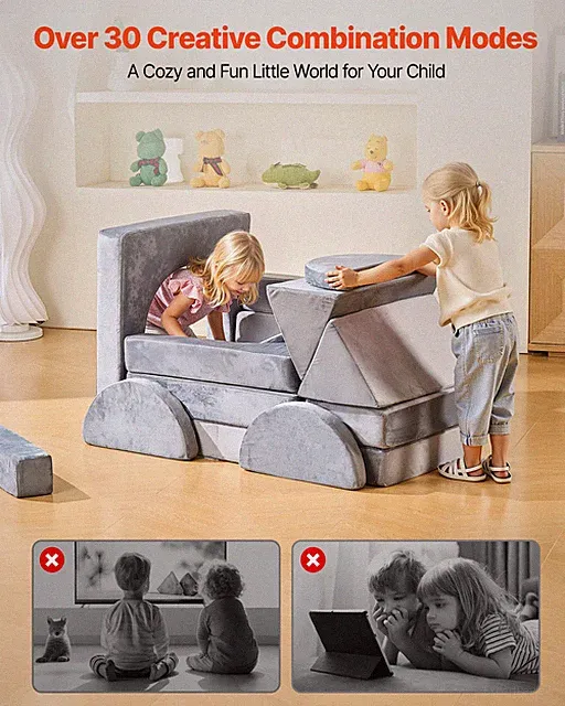 VEVOR 14-Pc Modular Kids Play Couch, Large Toddler Sofa w/ Armrests, Gray