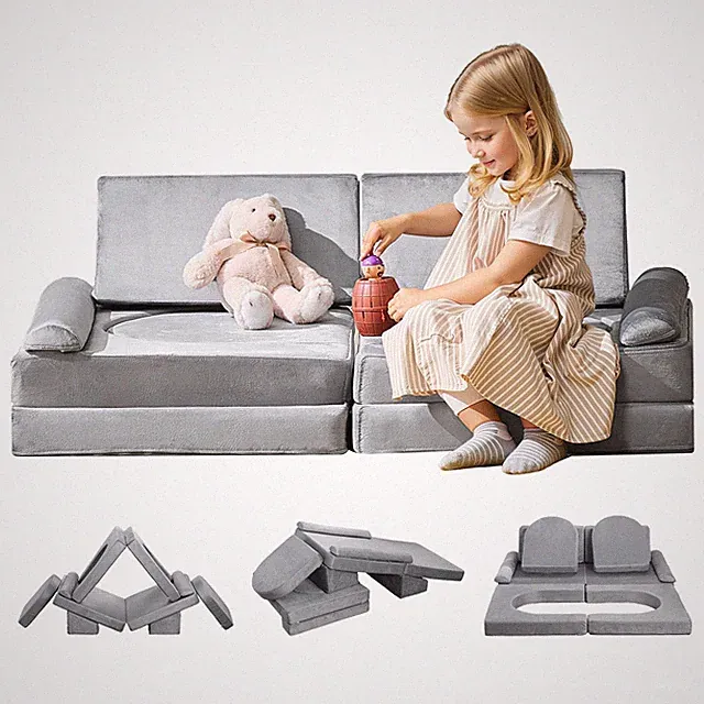 VEVOR Modular Kids Play Couch Sectional Toddler Sofa with Armrests 10 Pcs Gray