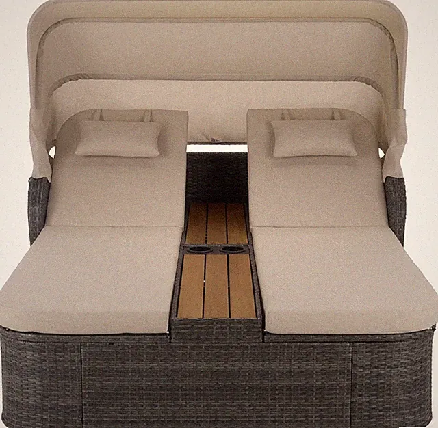Victoria Double Daybed - Grey Brown Rattan Canopy Lounger with Cushions