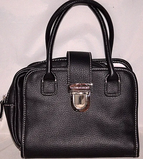 Victoria's Secret Black Pebbled Faux Leather 2 Sectional Makeup Purse Handbag