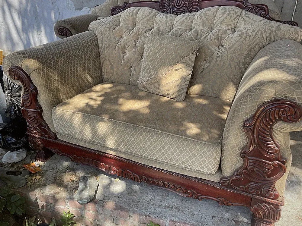 Victorian Antique Sofa Set Ornate Wood Frame Tufted Velvet Beige Damask 84in