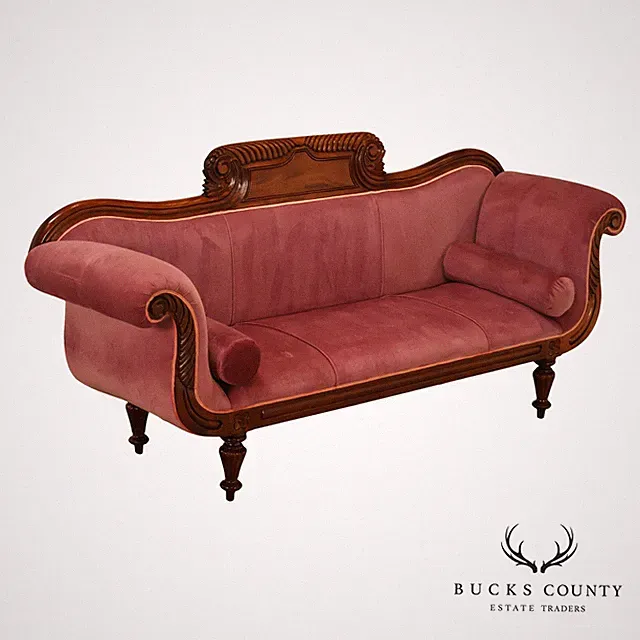 Victorian Style Mahogany Carved Wood Framed Pink Velour Upholstered Sofa