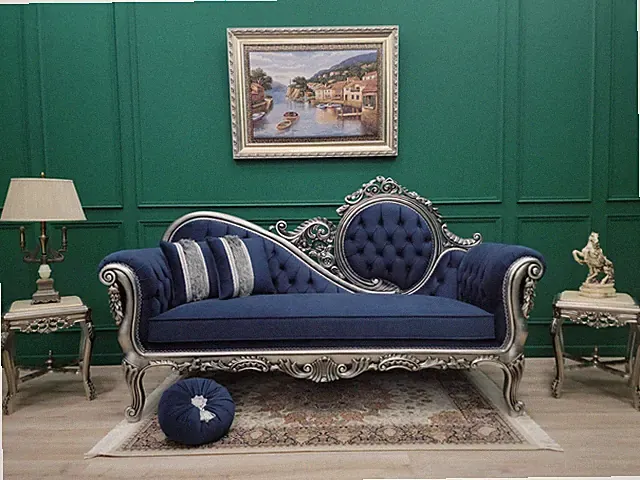 Victorian Style Sofa/Aged Silver Leaf Hand Carved Wood Frame /Tufted Navy Blue