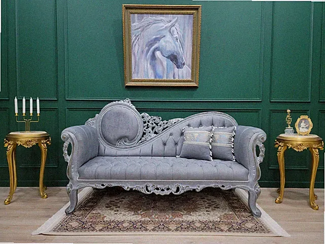 Victorian Style Sofa/ Hand Carved Aged Wooden Frame/ Stressed Wood Finish /