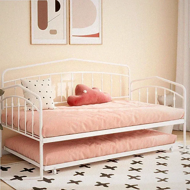 Victorian White Twin Daybed with Pull Out Trundle, Vintage Metal Guest Bed Frame
