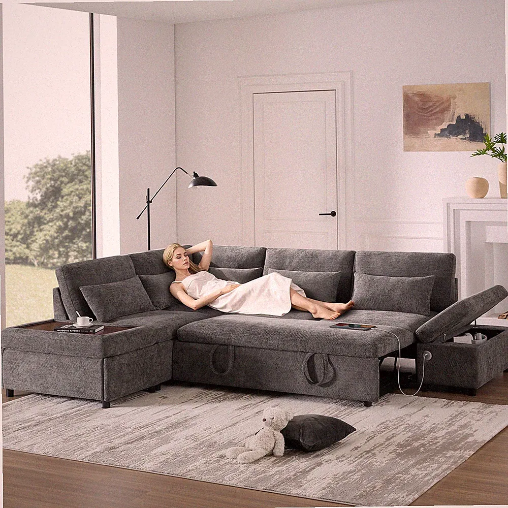 [VIDEO]107'' Sectional Sleeper Sofa Bed with Pull Out Couch, L-shaped with Adj