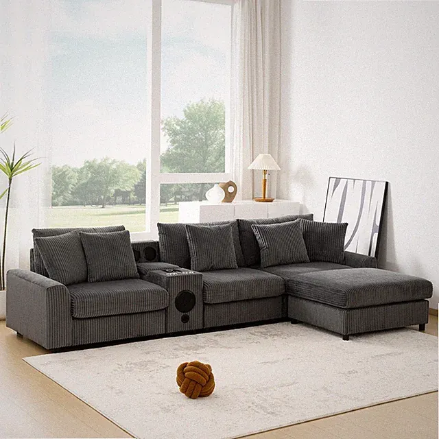 [VIDEO]112*64'' Corduroy Sectional Sofa with Bluetooth Speakers,L-Shaped Couch