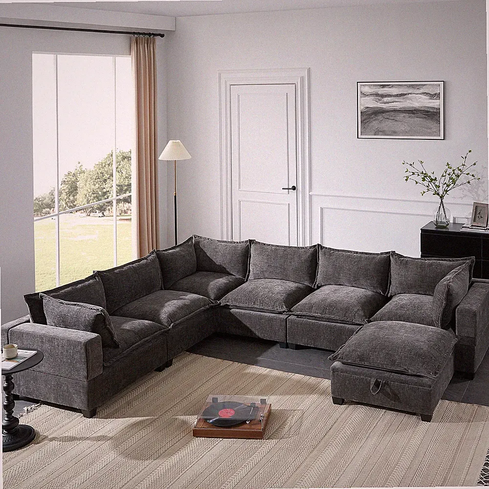 [VIDEO]117.5'' Modular Sectional Sofa with Movable Storage Ottoman, 7 Seat U S