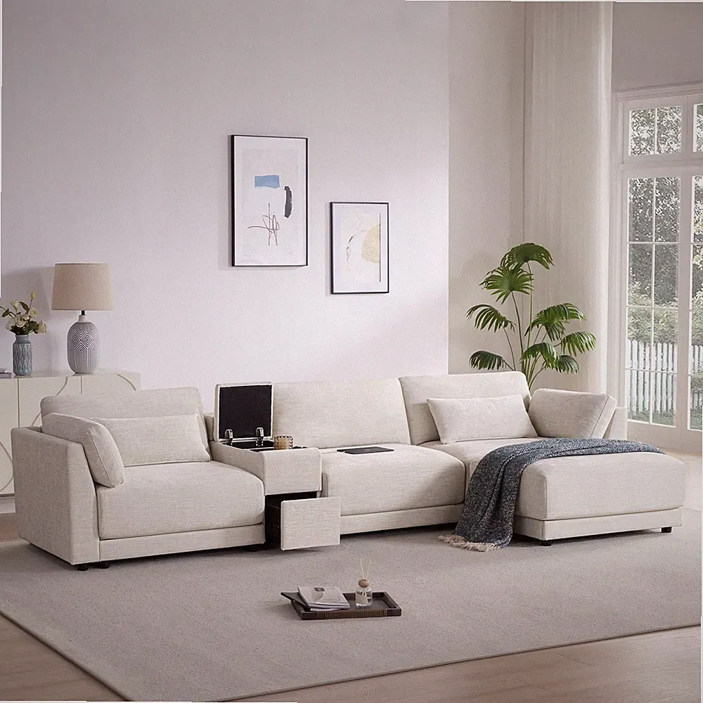 [VIDEO]124'' L-Shaped Sectional Sofa with Multi-Functional Storage Console, Wi