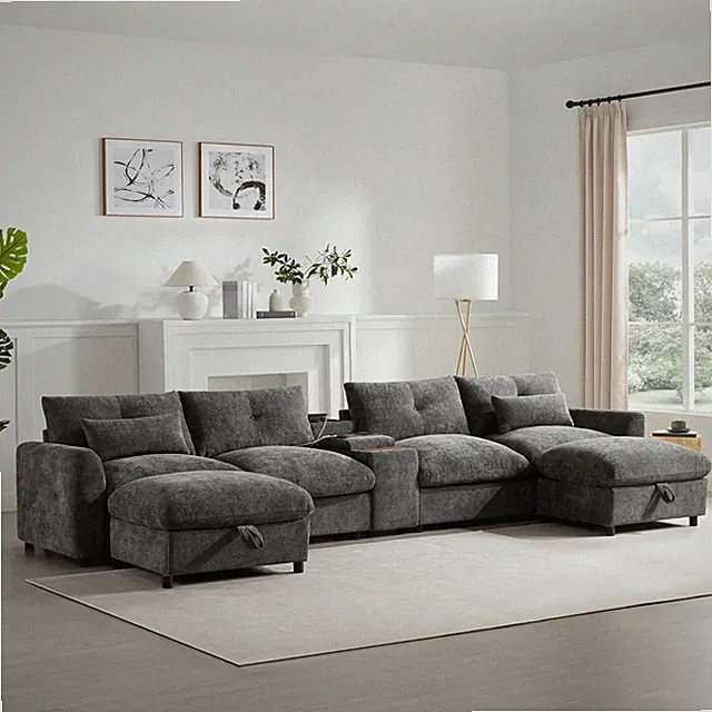 [VIDEO]136'' Modular Sectional Sofa with Console, Cup Holder, USB Charger, Mov