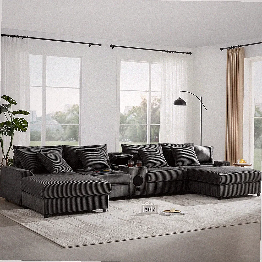 [VIDEO]144*64'' Corduroy Sectional Sofa with Bluetooth Speakers, U Shaped Couc