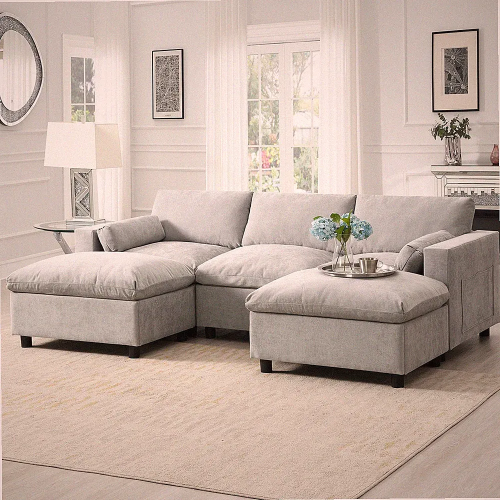 Video Modular Sectional Sofa with Storage Pockets, U-Shaped 86.5 Inch Chenille