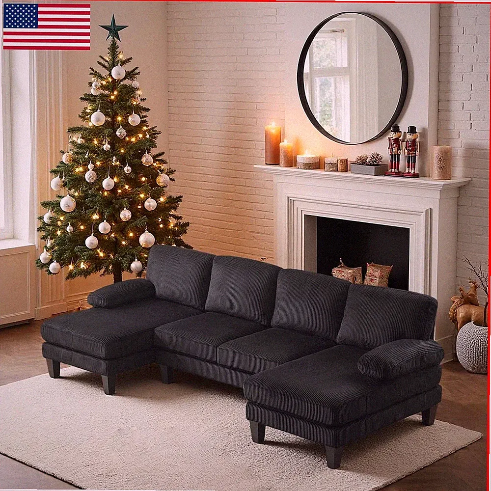 VINGLI 110" Sectional Couch U-Shaped Double Chaise 4-Seat Corduroy Black