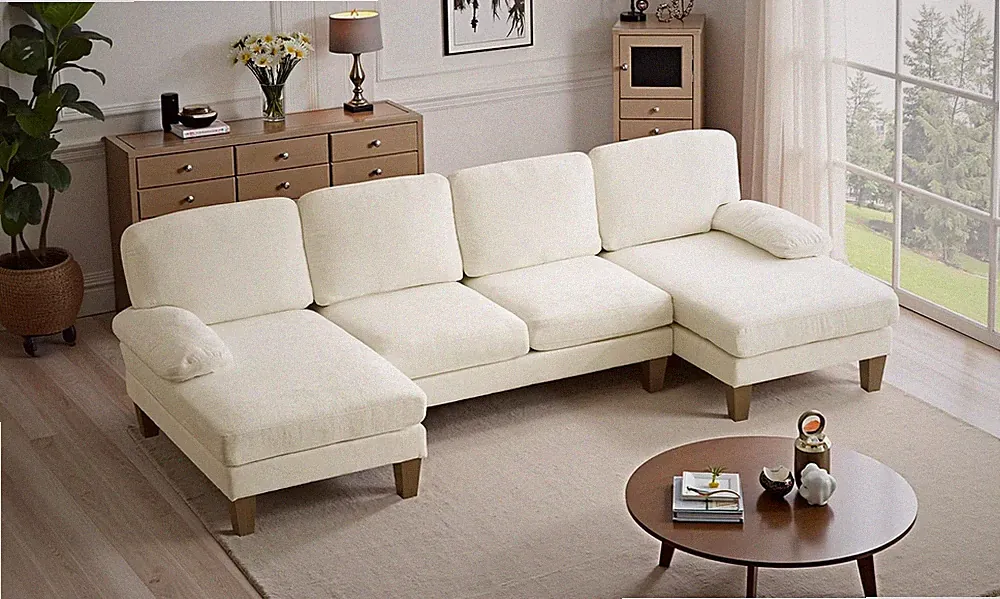VINGLI 110in U Shape Sectional Sofa Double Chaise Chenille Beige