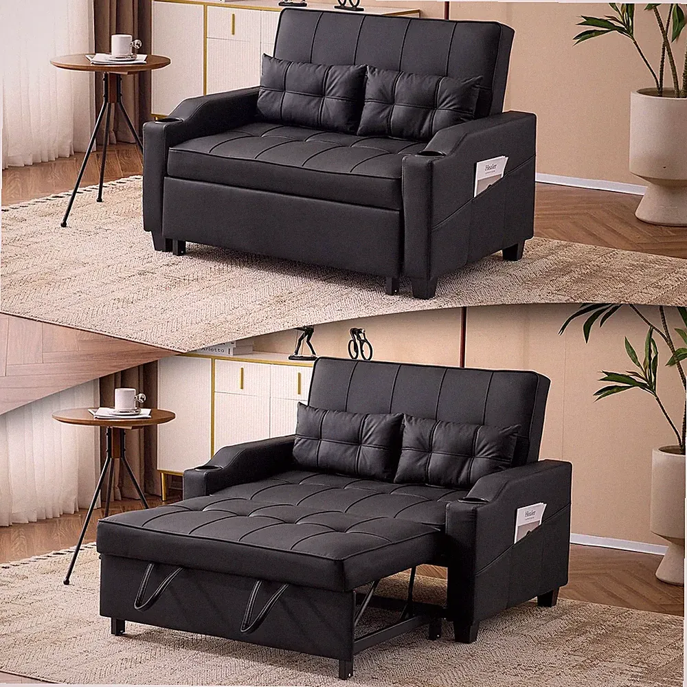 VINGLI Convertible Loveseat Sleeper, Black Faux Leather Futon Sofa Bed Pullout C