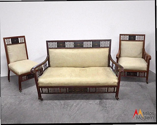 Vintage 1900 Victorian Wood Settee Set Loveseat 2 Chairs Great Condition
